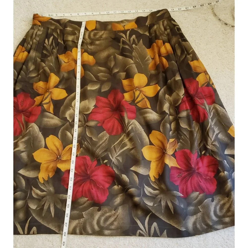 Vintage Rena Rowan Classic Dark Floral Pleated Rayon Midi Skirt Pockets 22W EUC